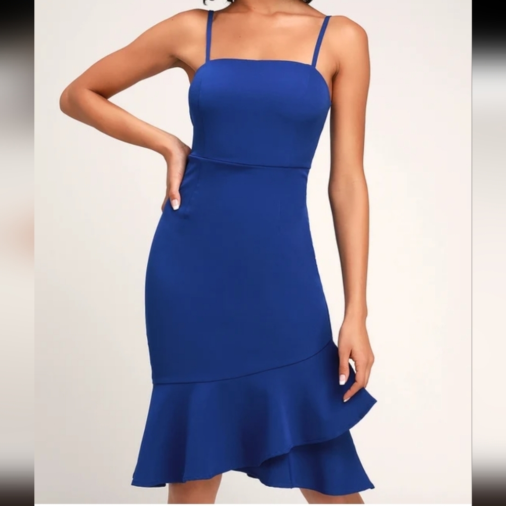 Lulu's Royal Blue Spaghetti Strap Ruffle Hem Dress